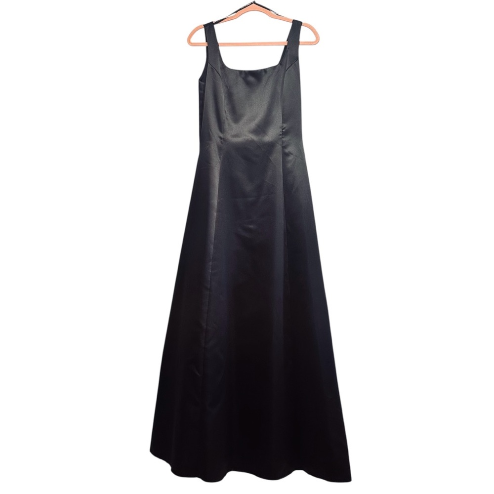 Vintage 90’s Scott McClintock wide strap square neck black satin gown, size 8